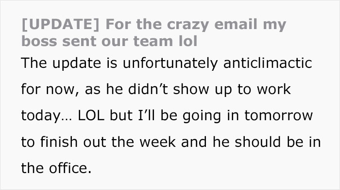 Woman Shares Her Boss' Delusional Email With Out-Of-Touch Rules After 3 Employees Quit At The Same Time Woman Shares Her Boss' Delusional Email With Out-Of-Touch Rules After 3 Employees Quit At The Same Time