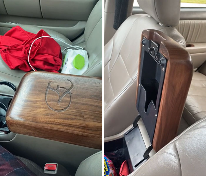 My Sisters Car Had A Busted Center Console Lid, So For Christmas, I Took The Measurements From The Old Lid, Saved As Much Of The Hardware As I Could And Made A New One Out Of Walnut