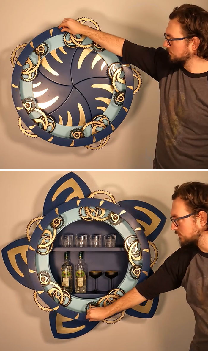 I Built This Mechanical Iris Cabinet Using Wood, Brass, And 3D Prints. There Are Over 100 Parts, 30 Bearings, And 16 Axes Of Rotation In This Design