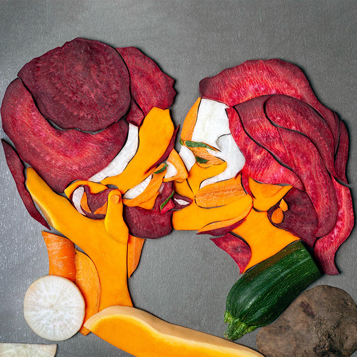 To Express People’s Stories Through Food Art, I Made 9 Vegetable Portraits Of Couples Kissing