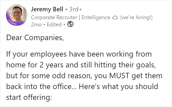 "Free Lunch Every Day": Recruiter Explains What Companies Need To Offer After Demanding That Workers Come Back To The Office