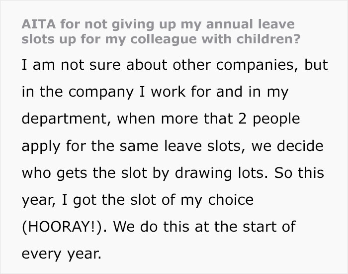 Childfree Woman Refuses To Give Her Annual Leave Slot To A Coworker With Four Kids, Office Drama Ensues Childfree Woman Refuses To Give Her Annual Leave Slot To A Coworker With Four Kids, Office Drama Ensues