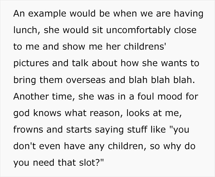 Childfree Woman Refuses To Give Her Annual Leave Slot To A Coworker With Four Kids, Office Drama Ensues Childfree Woman Refuses To Give Her Annual Leave Slot To A Coworker With Four Kids, Office Drama Ensues