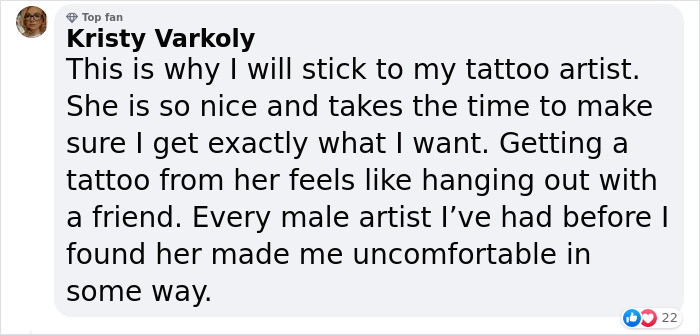 Kristy Varkoly praises her female tattoo artist for comfort and care, contrasting prior uncomfortable experiences with male artists. Kristy Varkoly praises her female tattoo artist for comfort and care, contrasting prior uncomfortable experiences with male artists.