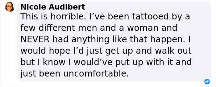 Woman describes uncomfortable tattoo experience in a text message. Woman describes uncomfortable tattoo experience in a text message.