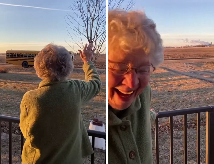 This Woman Wakes Up Every Morning To Wave To The School Bus Passing Every Morning, And That Day Was Her Birthday (They Wished Her Happy Birthday)