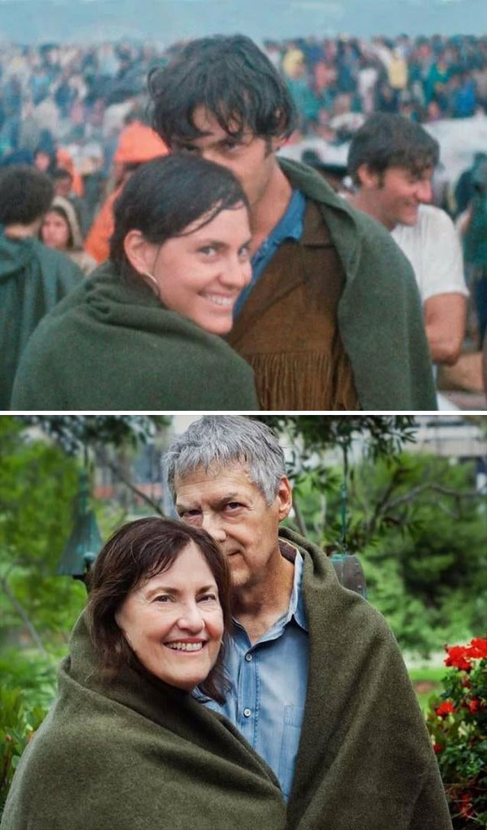 Una pareja en Woodstock, 48 horas después de que se conocieron, y la misma pareja 50 años después, aún felizmente junta