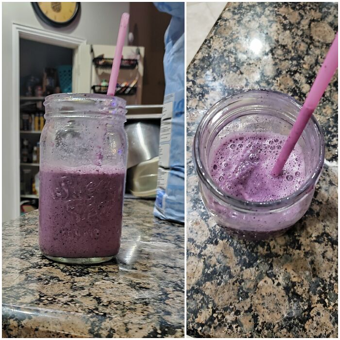 Took Forever To Make A Homemade Blueberry Strawberry Smoothie. It Was So Clumpy I Eventually Just Threw In A Bunch Of Milk. You Can See It Stuck In The Straw...