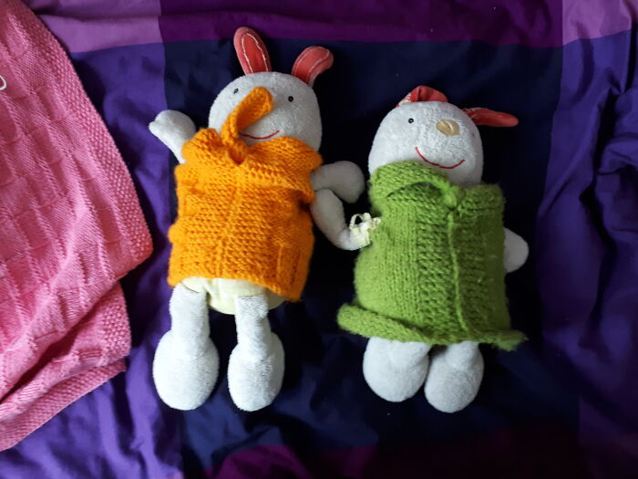 My Favorite Plushie Rabbits, Right And Grumpy (The Orange Sweatered One Is Right)