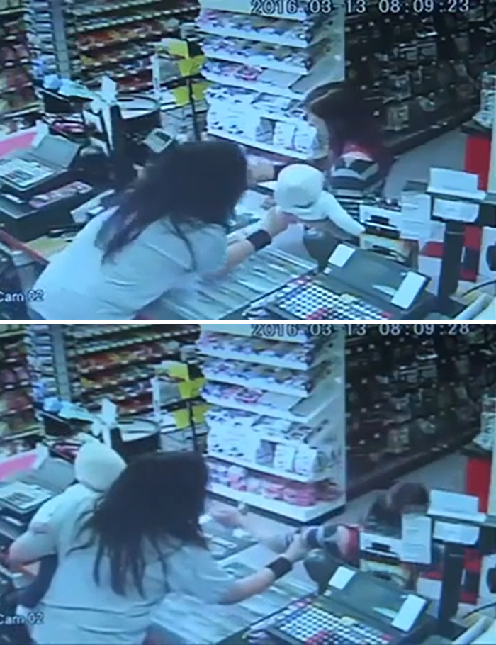 Cashier Notices The Lady Exhibiting Signs Of A Seizure And Grabs Her Baby Before It Fully Hits Her.