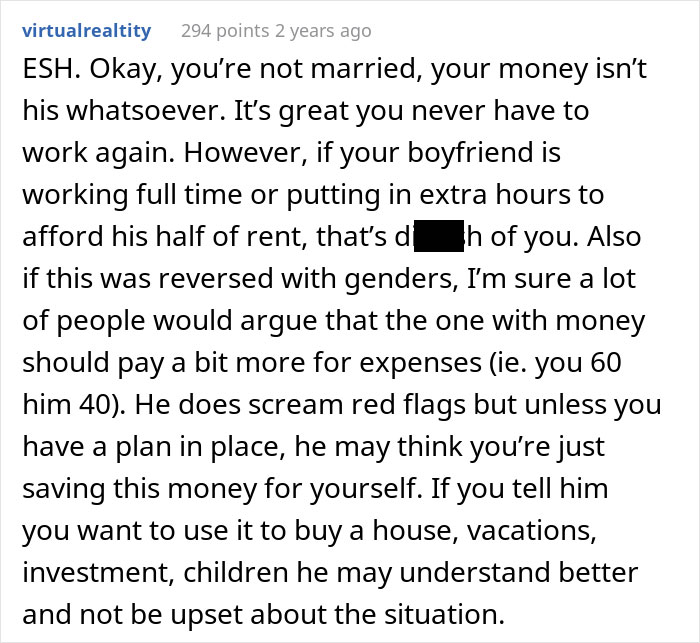 "Am I a jerk for telling my boyfriend that he's not entitled to my inheritance?"