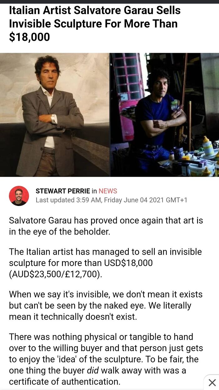 Madlad Artist Sells Invisible Sculpture For $18,000