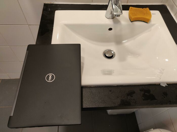 How My Coworker Puts His Laptop While He Washes His Hands
