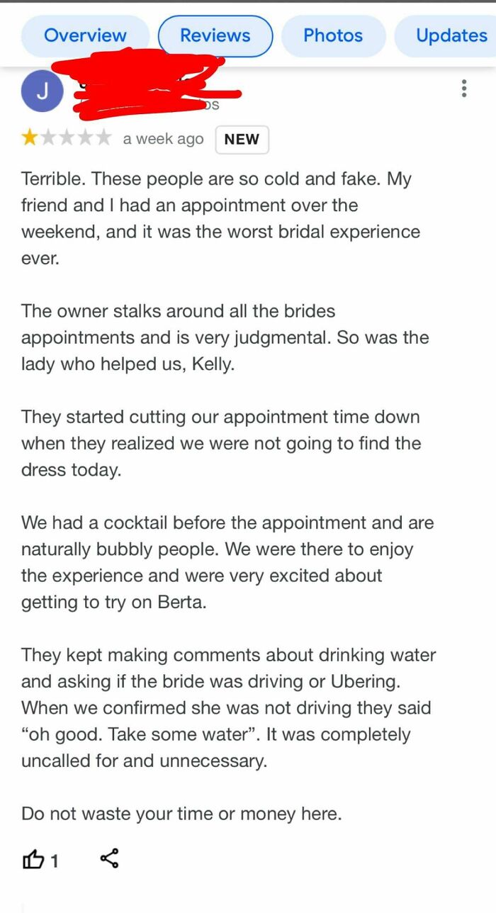 Leaving A Review After Showing Up Drunk At A Bridal Appointment With More Liquor