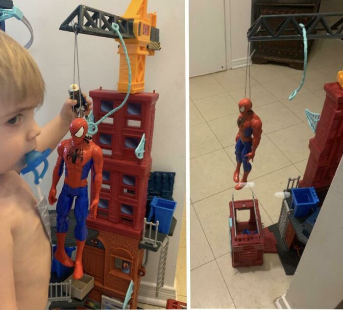 Not Sure What Spider-Man Did Exactly But He’s Been Hanging There For The Last Few Days And Both My Kids Are Playing Around Him As If Nothing’s Going On