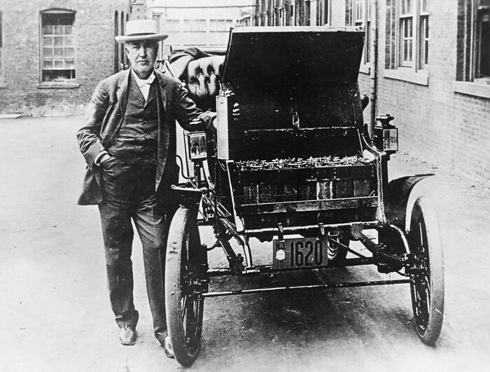 Thomas Edison Poses With His First Electric Car, 1895