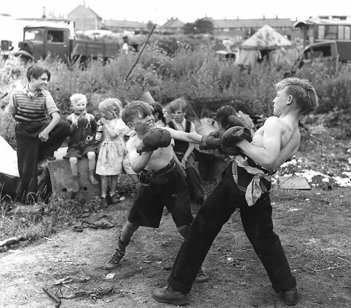Children Boxing In Kent, England Gypsy Camp, 1951