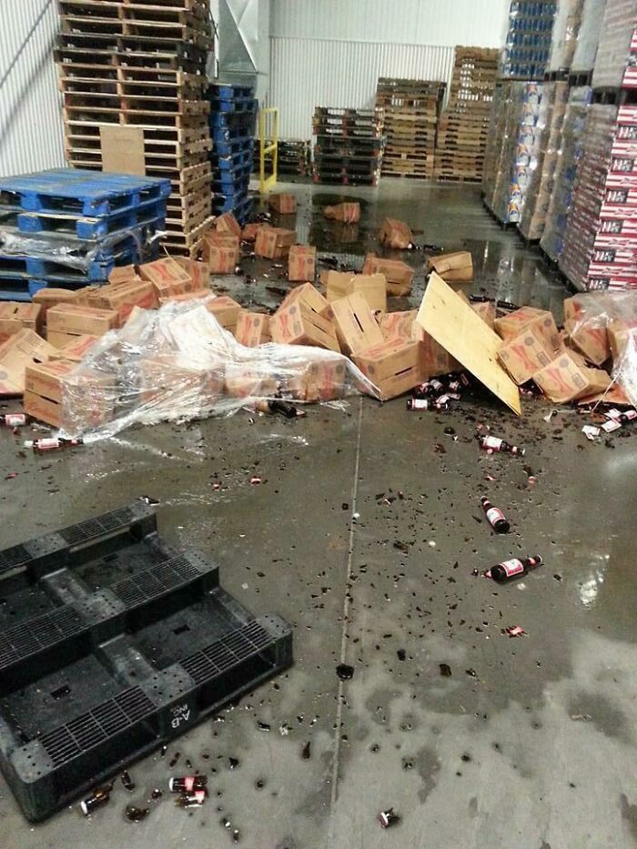 When Your Coworker Tries To Take Two Pallets Down At A Time With A Forklift