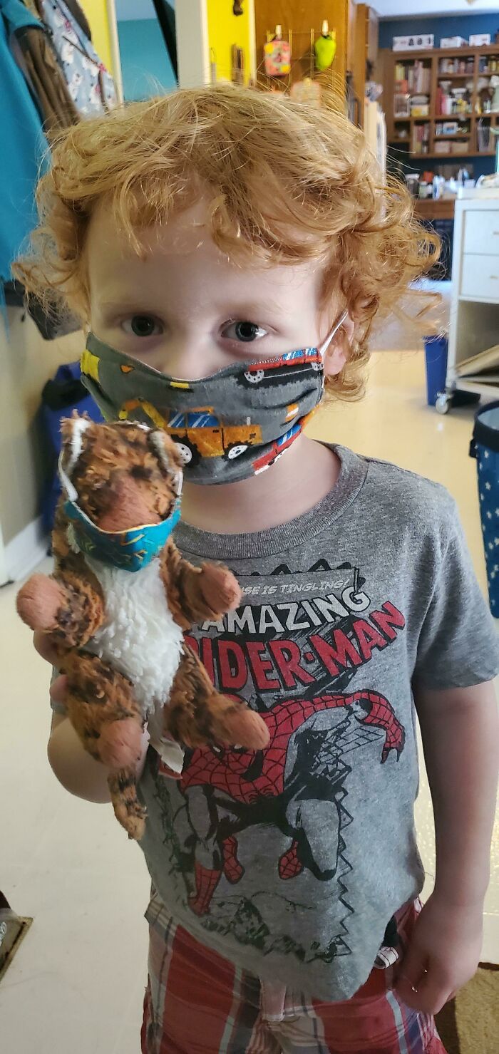 Mother-In Law Made A Mask For My 3 Year Olds Favorite Stuffed Animal To Help Encourage Him With Wearing A Mask