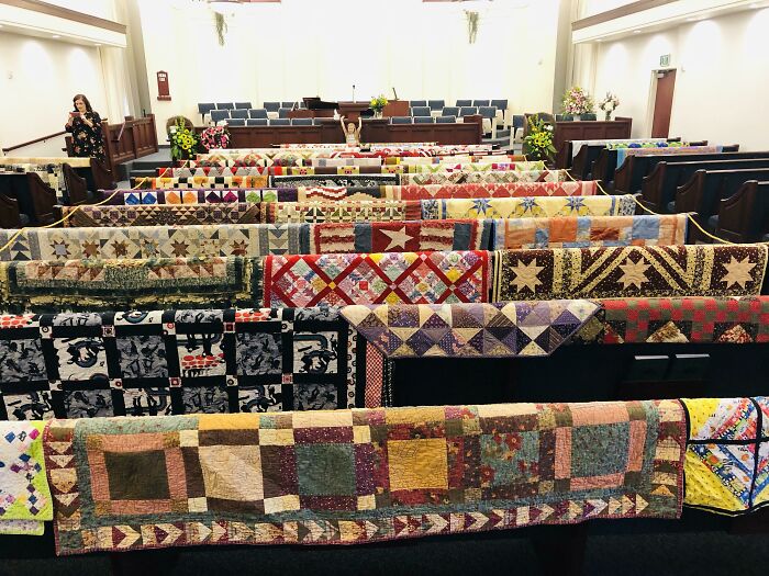 Someone Said That Others May Also Appreciate Seeing This. My Mother-In-Laws Legacy Of Quilts She Made For Her Family And Friends Displayed On Pews For Her Funeral This Morning.