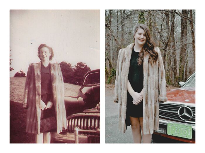 My Mil Gave Me Her Mother’s Fur Coat From The 40’s. This Is My Attempt To Recreate The Picture Of Her Mother Wearing It 70 Years Ago.