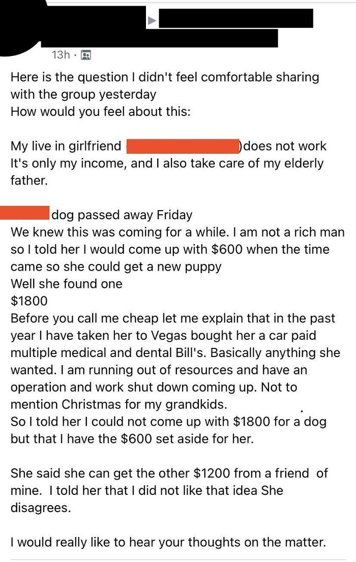 Sole Provider BF Generously Offers $600 For Unemployed GF To Get A New Dog, Apparently That’s “Not Enough”