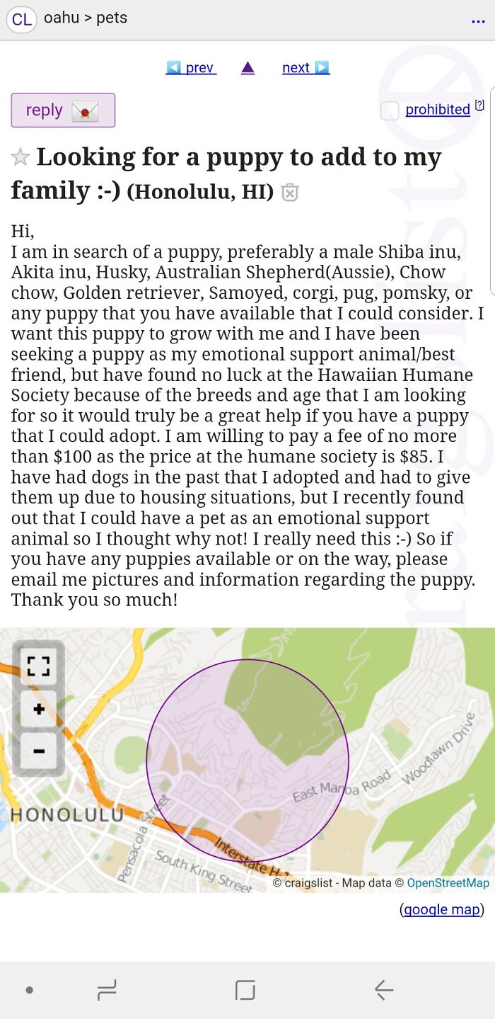 $100 For Purebred/Designer Puppy. Justifies Price Because Humane Society's Adoption Fees Are $85, And Needs It For Emotional Support. Has Previously Adopted, Then Given Away Multiple Dogs Due To Housing Problems. So Many Red Flags