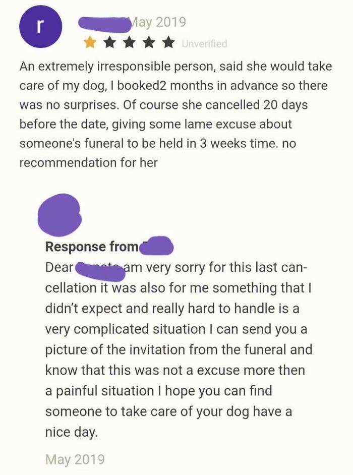 No Recommendation For Her Because She Went To A Funeral Instead Of Taking Care Of My Dog
