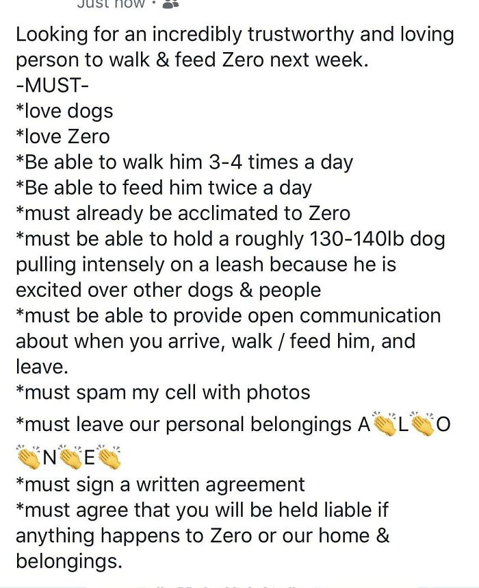 “Please Watch My Poorly Trained Dog And Be Liable For My Home And Belongings”