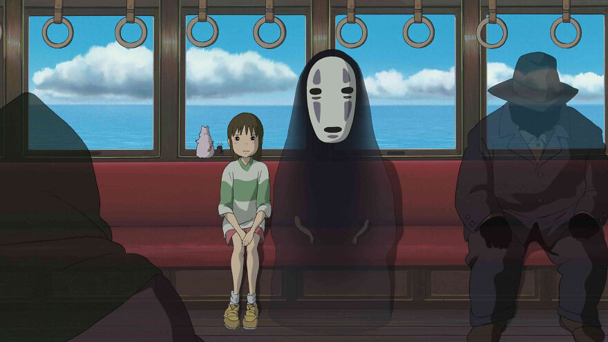 Spirited Away characters sitting in train