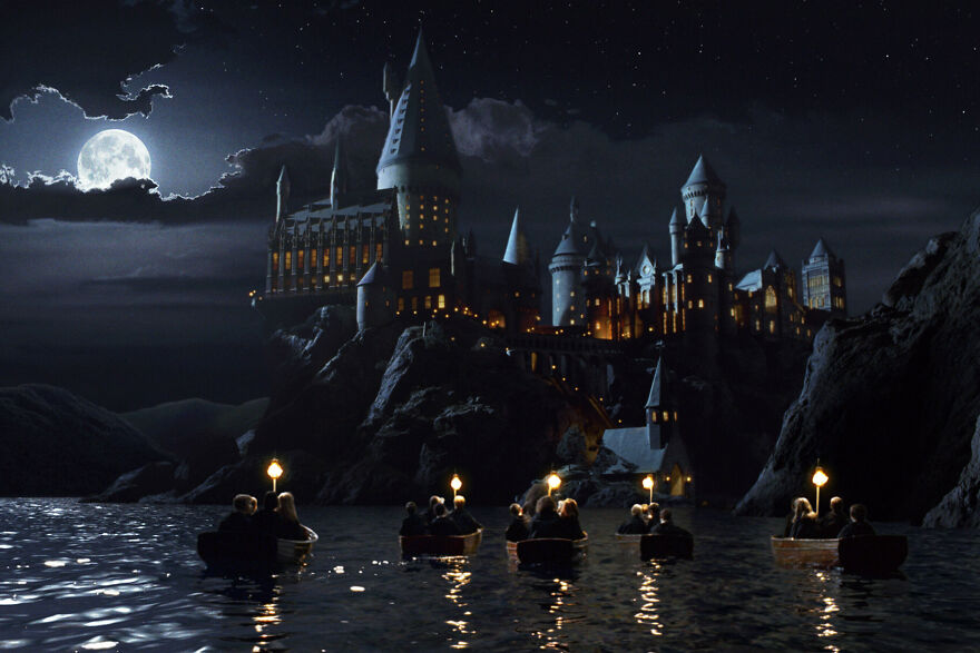 Night scene with a moon - six boats with kids sail to Hogwarts