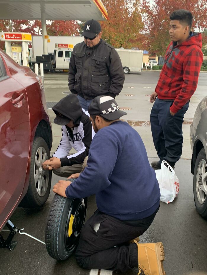 I Got A Flat & Although My BF Was On The Phone Trying To Help, I Was Struggling To Loosen The Lug Nuts. Then These Guys Came Up. They Spoke Limited English But Gestured Toward The Tire. They Put My Spare On & I Was Back On The Road In No Time. I Thanked Them & Tried To Offer Them $ To No Avail.