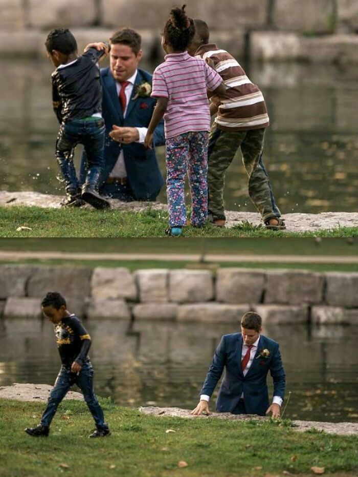 During His Wedding Photoshoot A Groom Saves A Boy From Drowning.