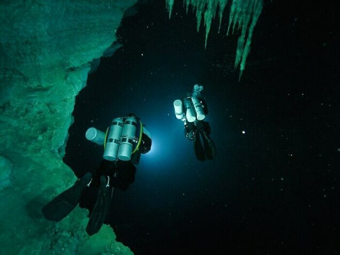 Cave Divers In An Underwater Cave Near The Yucatan Peninsula By Daniel Riordan-Araujo