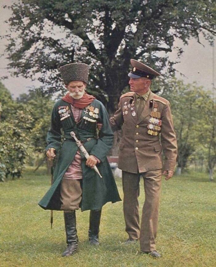 112 Year-Old Teimruz Vanacha (Left), Veteran Of WWI And The Russian Civil War, With His Son Ivan, A Veteran Of WWII, In 1980