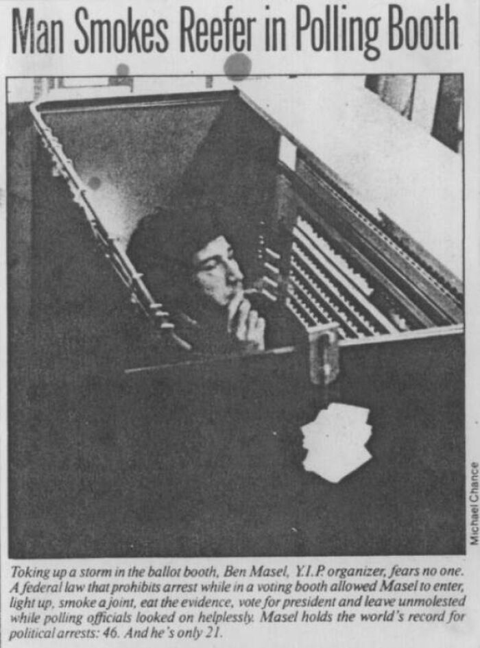 Cannabis Rights Activist Ben Masel Smoking A Joint While Voting In The 1976 Presidential Election. Taking Advantage Of An Apparent Law That Prohibits Arrest While Voting