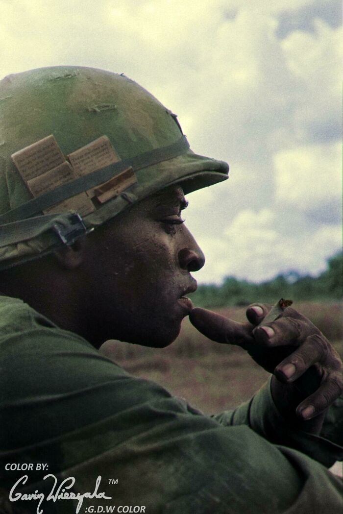 An Unidentified Soldier Of The 25th Infantry Division Pauses For A Cigarette. Vietnam War, 1969 [colorized]