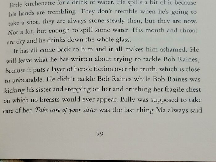 I Found My First Example. Apparently Thinking About Breasts Is A Valid Thing To Think About When Remembering Your 9 Year Old Sister's Murder. Billy Summers By Stephen King 