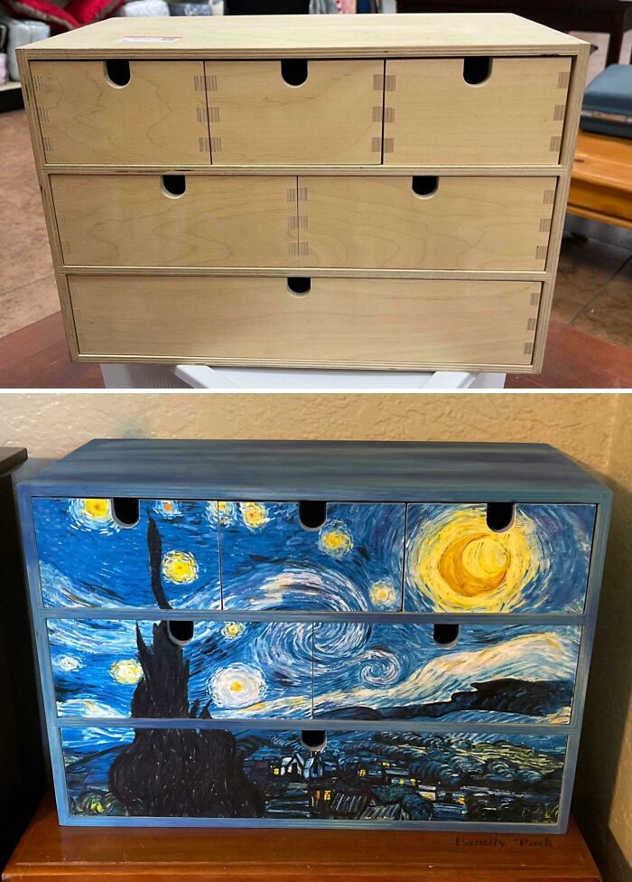 I Decoupaged Prints Of Starry Night To The Drawers, And Layered Metallic Paint And Medium Over Them For A Painterly Texture. Base Is Stained With Watered Down Paint And Sealed