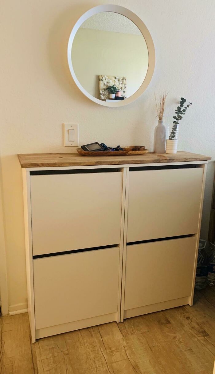Saw Another Redditor Post Something Similar. I Also Joined Two Shoe Cabinets (Bissa) And Attached A Stained Wood Board On Top. I Love The Way It Turned Out!