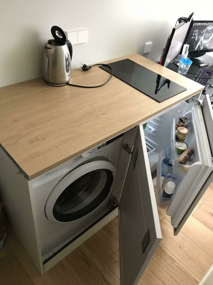 Turned 180cm Knoxhult For 110$ Into 120cm Unit That Holds Built-In Fridge + Hot Plate + Washing Machine, This Is More Like Full DIY Not As Easy As It Looks But Can Be Done, Great For Tiny Apartments That Are On A Budget