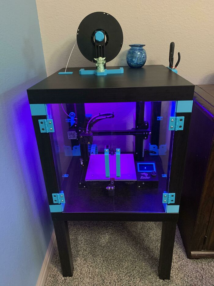Was Told To Post This Here. I Built A 3D Printer Enclosure From 2 IKEA Lack Side Tables. All The Blue Pieces Are 3D Printed