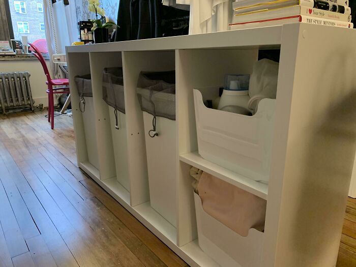 Made A Skinny Laundry Sorter In Our Closet Using A Kallax Shelf As The ‘Island’. We Left The Divider Shelves Out Of 3 Sections And Put 11 Gallon Filur Bins (1 Each For Regular Laundry, Hand Wash, And Dry Cleaning). The End Section Stores Detergent And Clothing Care Items, As Well As Reusable Bags)