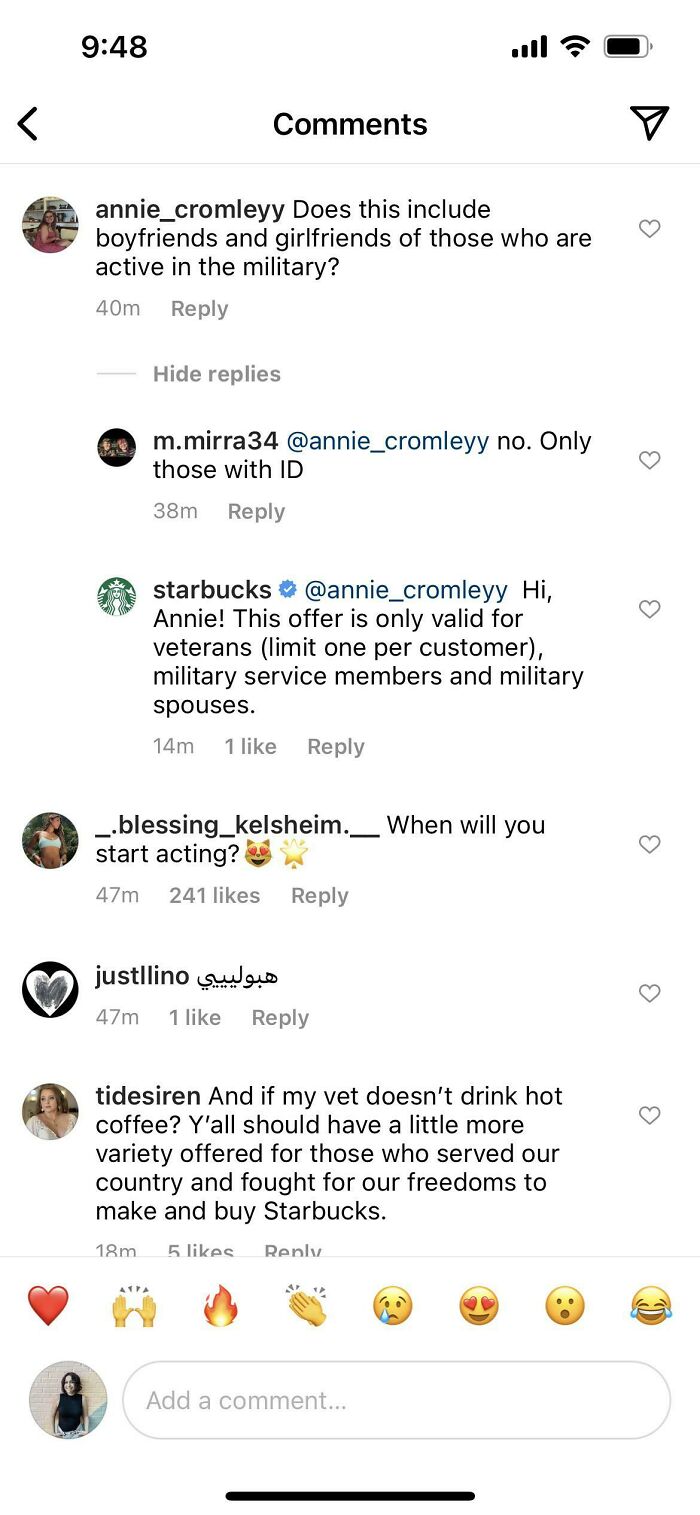 Starbucks Is Offering Free Coffee To Veterans And Active Duty Military Members And Their Spouses. I Can’t Tell If The Girlfriend Comment Or The Person Asking For More Variety Is Worse