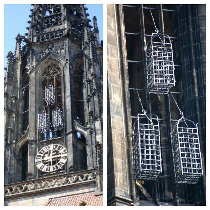 St. Lambert’s Church In Münster. Three Iron Cages, 7 Feet Tall And A Yard Wide And Deep, Hang Empty From The Church Spire. Once Home To The Mutilated Bodies Of Three Revolutionaries