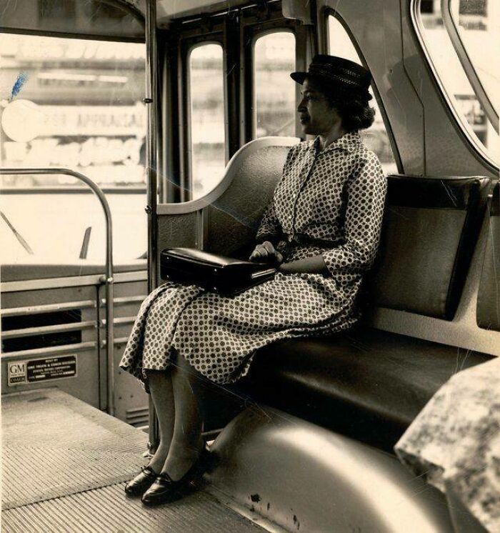 Rosa Parks Sits At The Front Of A Bus Following The End Of Racial Segregation By The Transit Company, Circa 1965