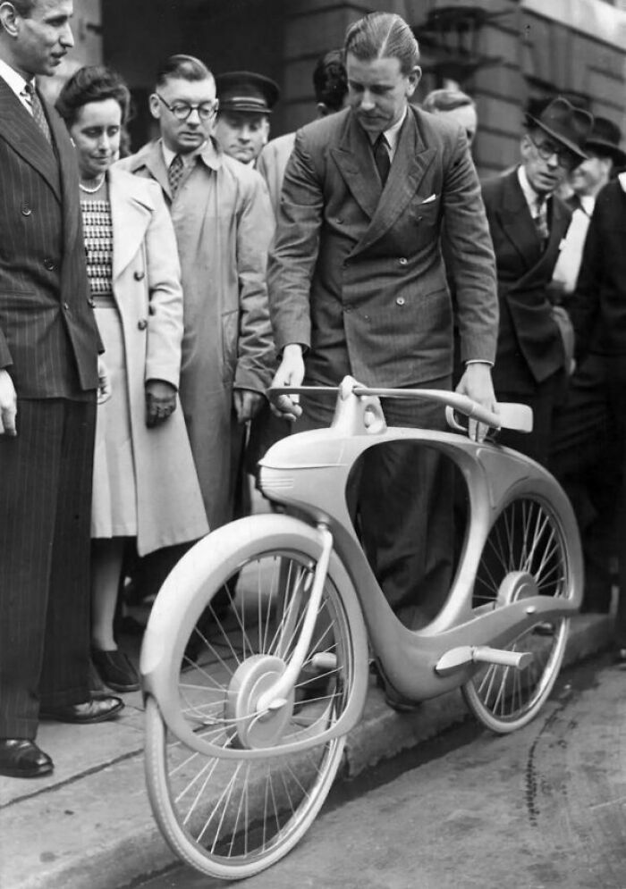 Benjamin Bowden Showing Off His Spacelander Bicycle On September 17, 1946