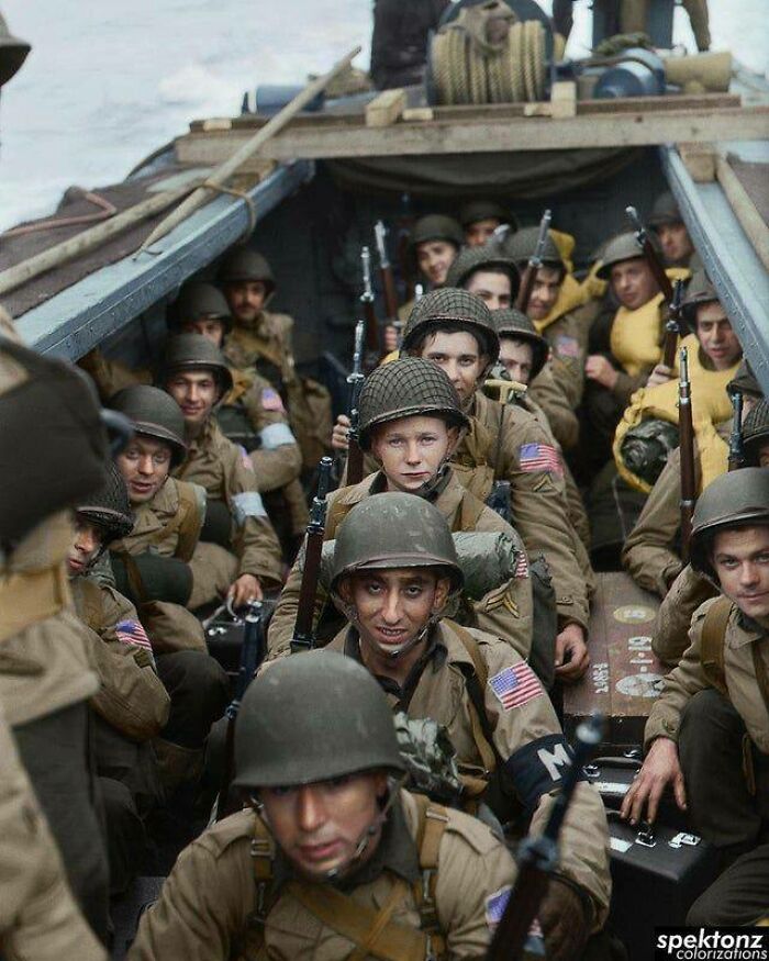 American Troops On Board A Landing Craft Heading For The Beaches At Oran In Algeria During Operation 'Torch', November 1942. (Colorized By Spektonz)