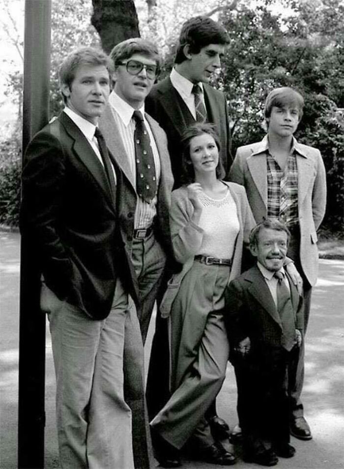 Personajes de Star Wars juntos de izquierda a derecha: Han Solo, Darth Vader, Chewbacca, Princesa Leia, Luke Skywalker y R2-D2; 1977