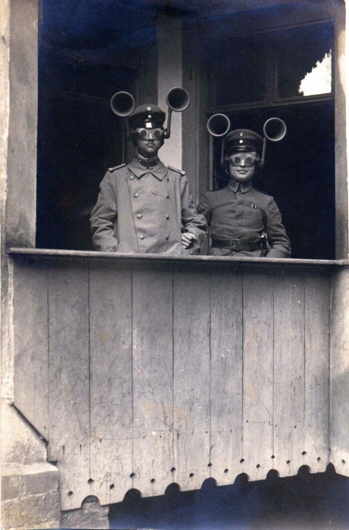 A German Officer And An Nco Wearing Portable Sound Locating Apparatae To Detect Enemy Aircraft (This Was A Type Of Early Radar). Western Front, 1917